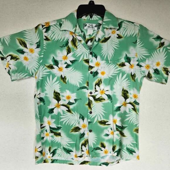 Vintage Two Palms Green Flower Hawaiian Shirt Size Small - Picture 2 of 4